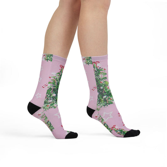 Festive Holiday Crew Socks with Christmas Trees & Candy Canes